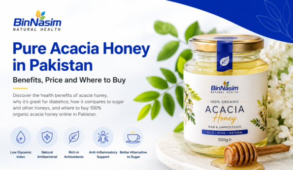 Bin Nasim product acacia honey jar with spoon lying on the table