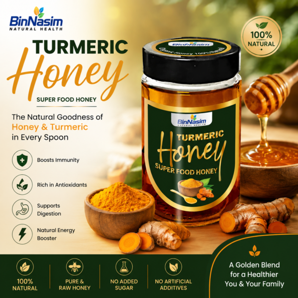 turmeric honey jar placed on the table along with turmeric powder