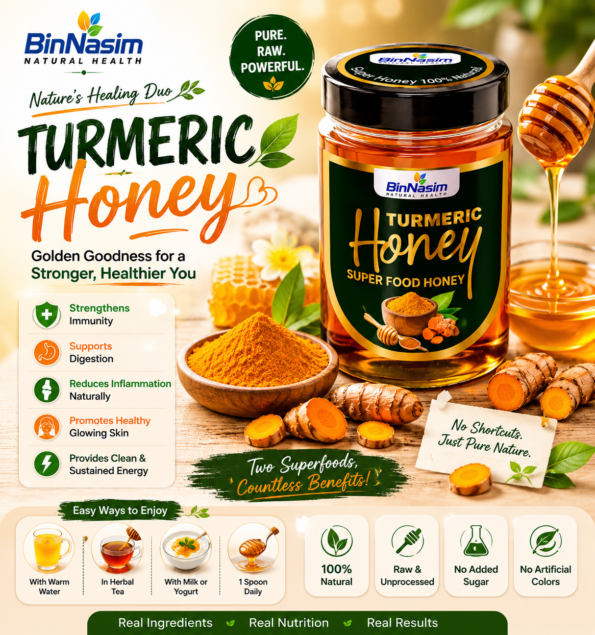 Bin Nasim's turmeric honey jar placed on the table along with turmeric powder