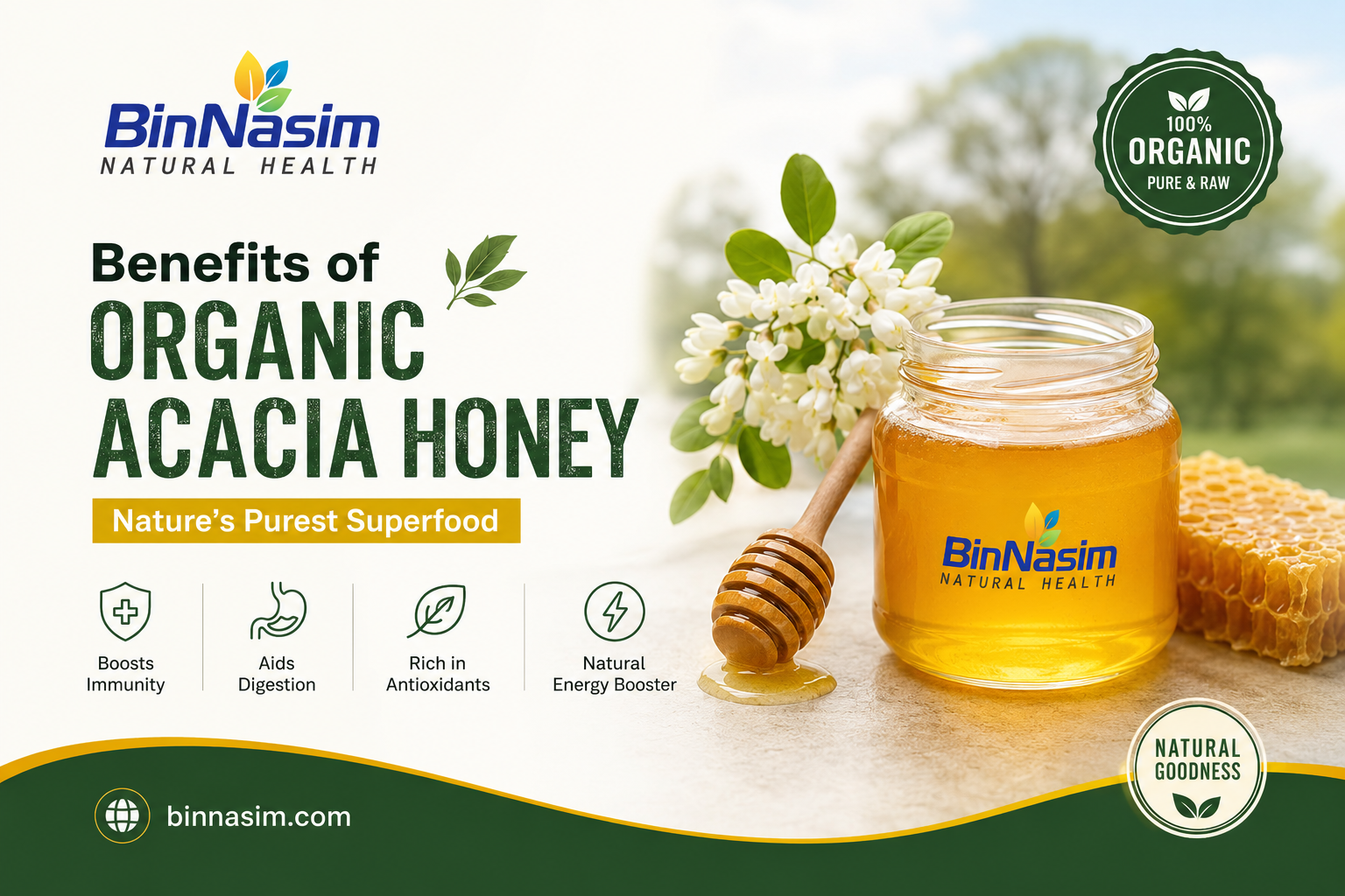 Pure organic acacia honey in a glass jar with honeycomb on a wooden surface — Bin Nasim Pakistan