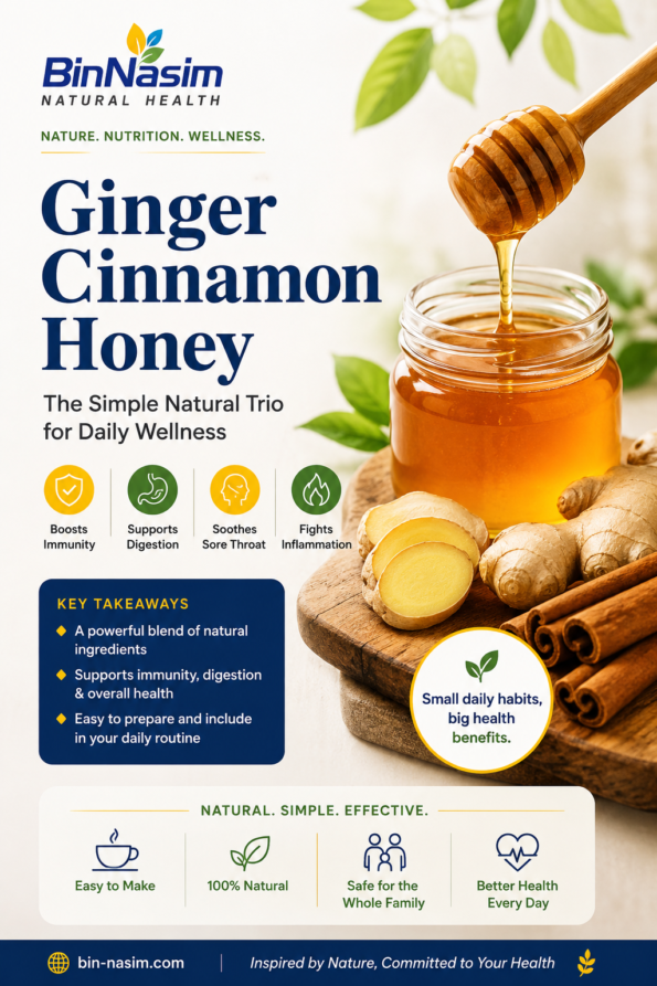 a poster showing a Bin Nasim brand's ginger cinnamon honey jar with other organic products placed near it.