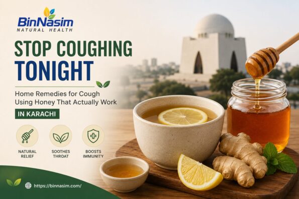 Home remedies for cough shown with acacia honey of Bin Nasim brand along with ginger and lemon on a Karachi kitchen counter