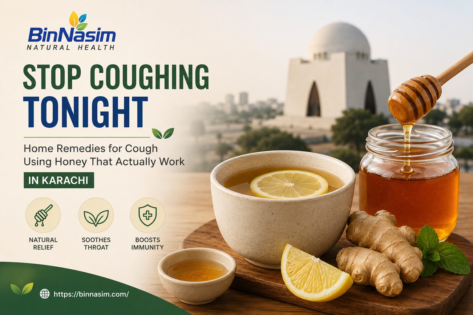 Home remedies for cough shown with acacia honey of Bin Nasim brand along with ginger and lemon on a Karachi kitchen counter