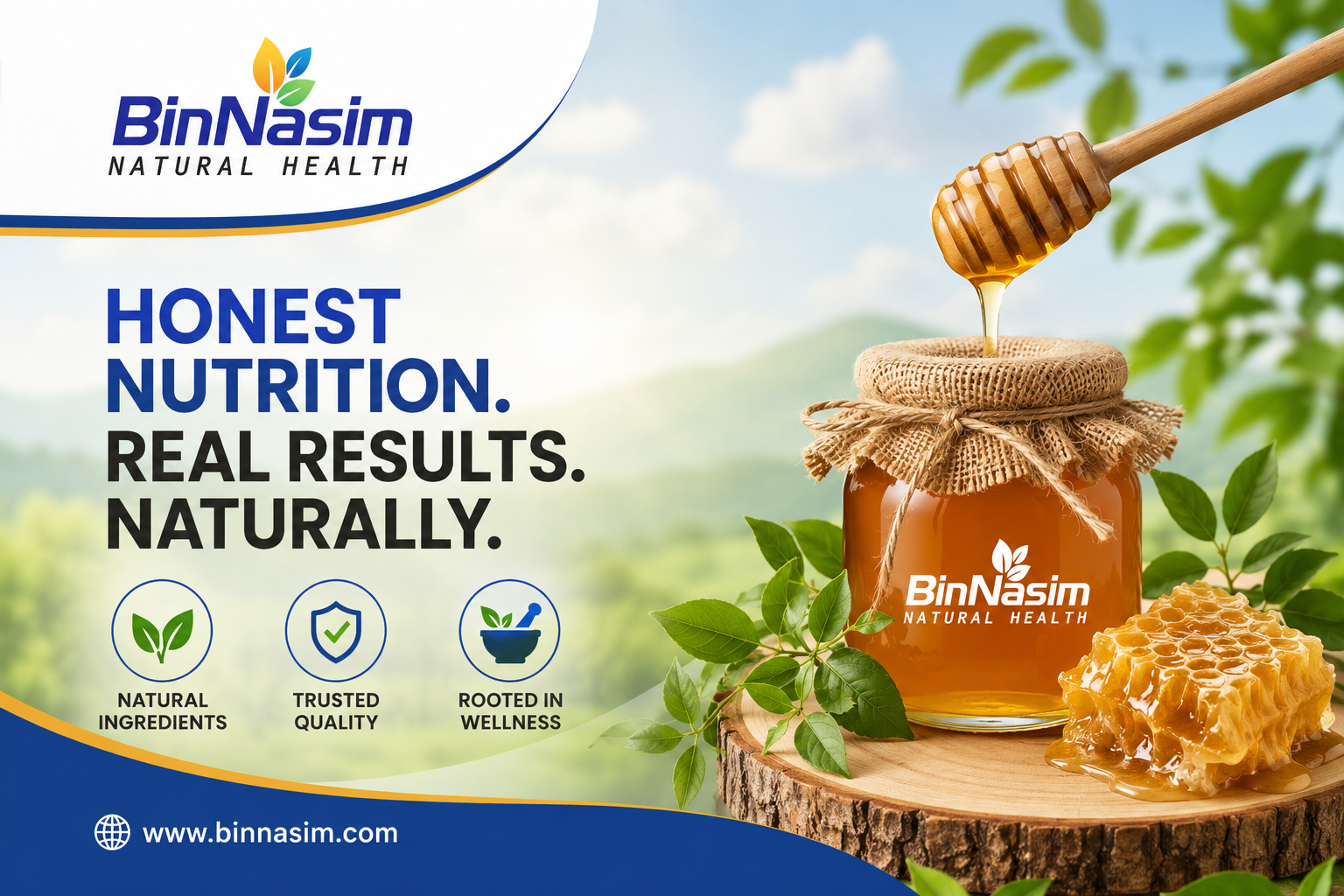 Jar of Bin Nasim brand pure shahad honey with wooden dipper on a rustic table in Pakistan