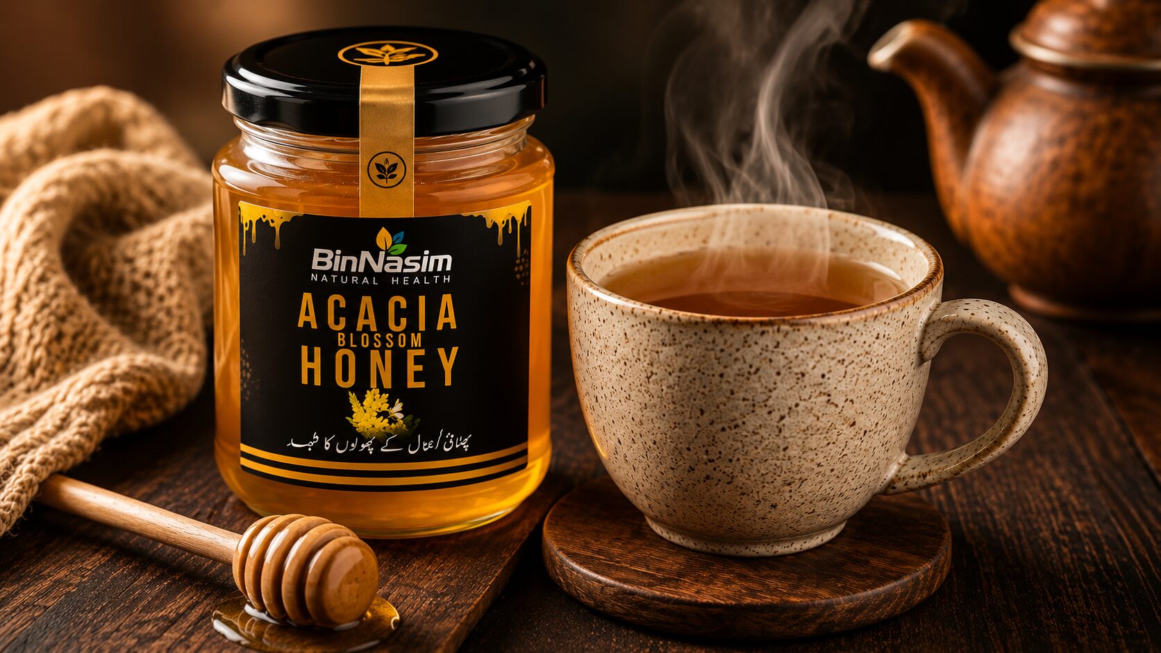 Jar of Bin Nasim Acacia Blossom Honey beside a steaming cup of tea on a dark wooden table, illustrating a natural home remedy for cough relief